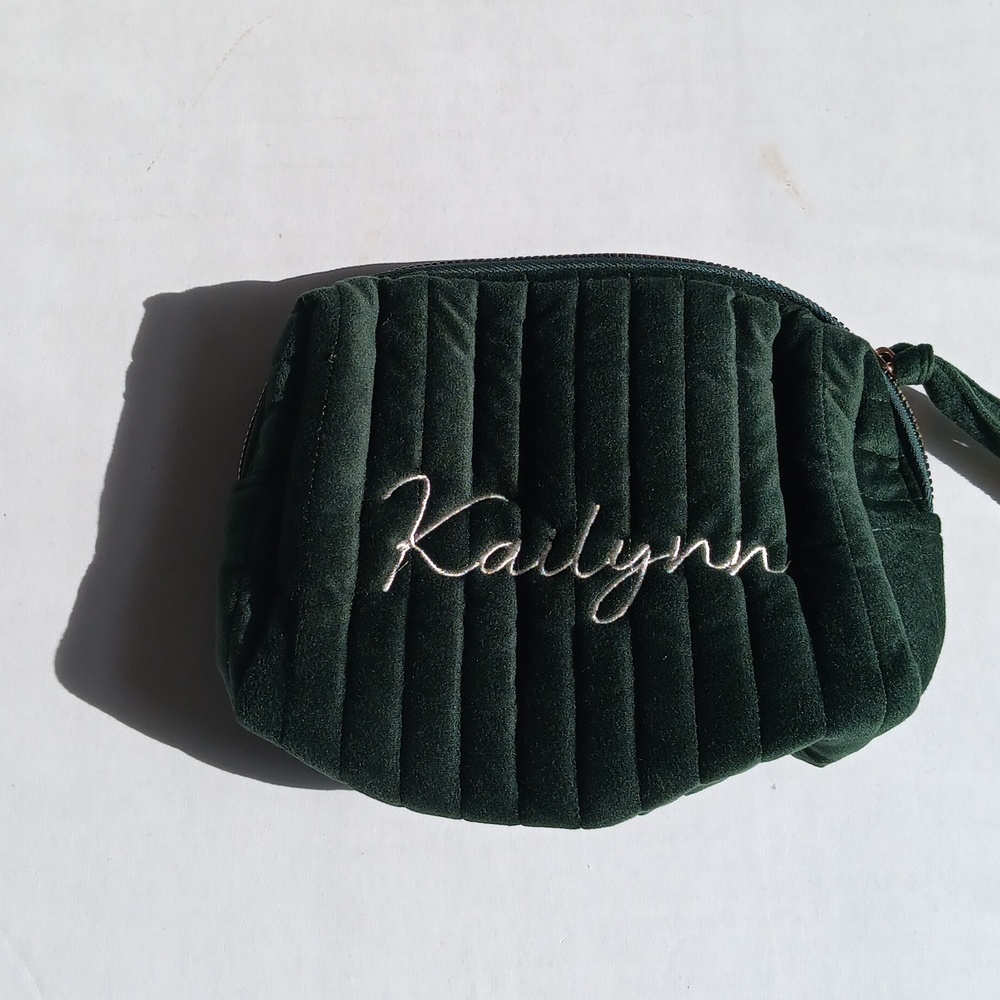 KAILYNN EMBROIDERED VELVET DARK GREEN COSMETIC BAG